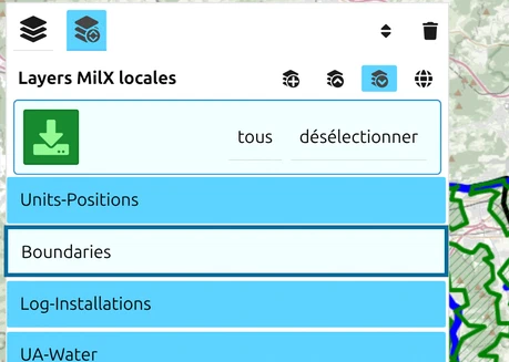 Mode sélection : toutes les layers sélectionnées sauf Boundaries, la ligne est entourée