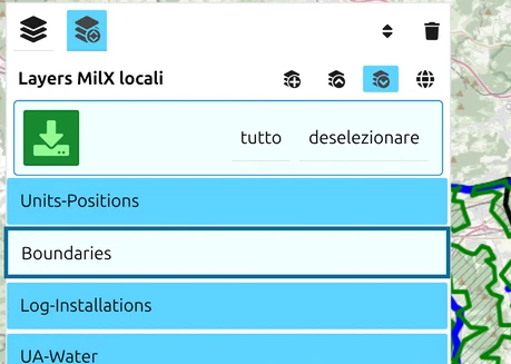 Modalità selezione: tutti i layer selezionati tranne Boundaries, la riga è cerchiata