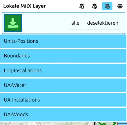 Auswahlmodus im Layer-Manager, mit allen ausgewählten MilX-Layern und der grünen Download-Schaltfläche oben