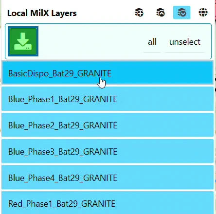 Selection mode in the Layer-Manager, with every MilX layer selected and the green download button at the top