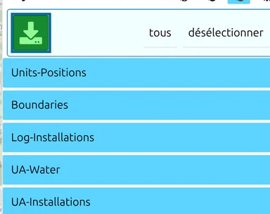 Mode sélection du gestionnaire des layers : tous les calques MilX sélectionnés, bouton vert de téléchargement en haut