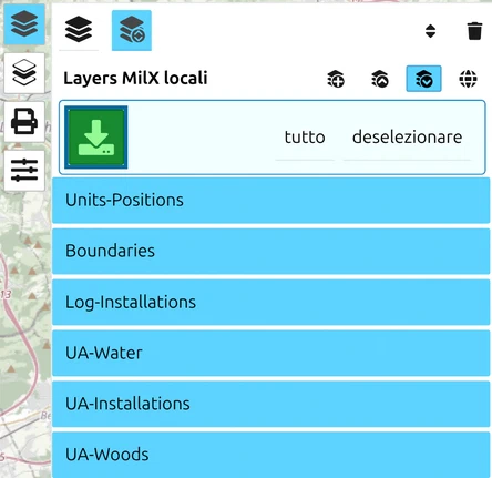 Modalità selezione nel gestore dei layer di map.army, con i layer MilX selezionati e il pulsante verde di download in alto