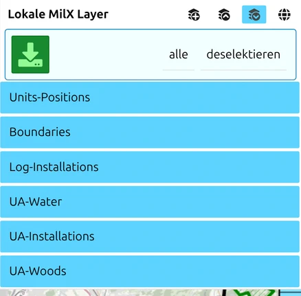 Auswahlmodus im Layer-Manager, mit allen ausgewählten MilX-Layern und der grünen Download-Schaltfläche oben