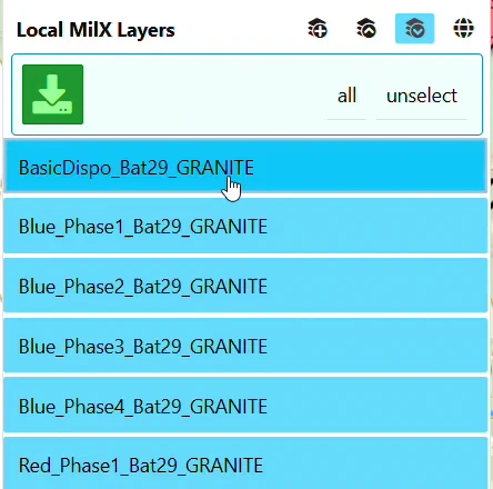 Selection mode in the Layer-Manager, with every MilX layer selected and the green download button at the top