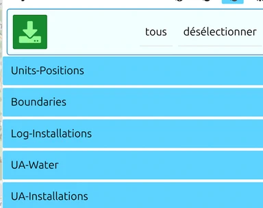 Mode sélection du Layer-Manager map.army : tous les calques MilX sélectionnés, bouton vert de téléchargement en haut