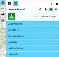 Modalità selezione con tutti i layer selezionati e il pulsante verde di salvataggio in alto