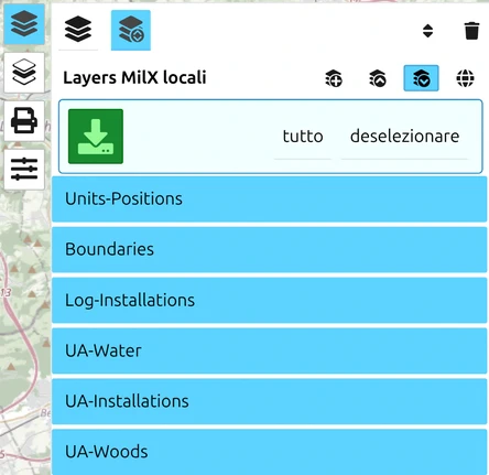 Modalità selezione nel Layer-Manager di map.army, con i livelli MilX selezionati e il pulsante verde di download in alto
