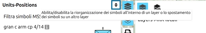 Elenco dei simboli del layer Units-Positions con l'interruttore di riordinamento cerchiato e il suggerimento aperto