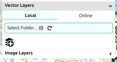 The map.army 'Vector Layers' panel expanded to its 'Local' tab with 'Select Folder…' and the add-layer icon