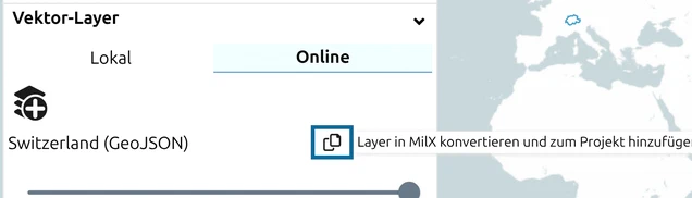 Vektor-Layer-Zeile mit hervorgehobenem Convert-Symbol und dessen Tooltip zum Umwandeln in einen MilX-Layer