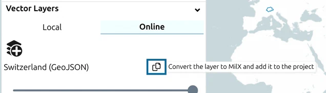A vector layer row with the Convert icon ringed and its tooltip: Convert the layer to MilX and add it to the project
