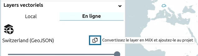 Ligne d'un layer vectoriel avec l'icône Convertir entourée et son infobulle : convertir le layer en MilX