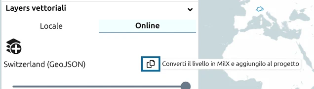 Riga di un layer vettoriale con l'icona Converti evidenziata e il suo tooltip: converti il layer in MilX