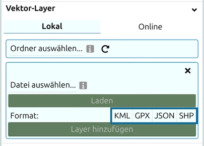 Vektor-Layer, Reiter Lokal: die Zeile Format mit den Schaltflächen KML, GPX, JSON und SHP hervorgehoben