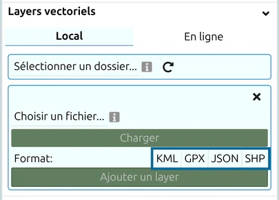 Layers vectoriels, onglet Local : la ligne Format avec les boutons KML, GPX, JSON et SHP entourée