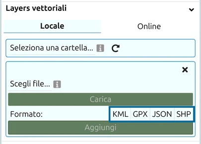 Layer vettoriali, scheda Locale: la riga Formato con i pulsanti KML, GPX, JSON e SHP evidenziata