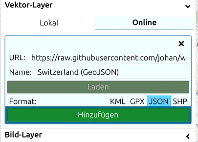 Vektor-Layer, Reiter Online: URL und Name ausgefüllt, Datei geladen, die grüne Schaltfläche 'Layer hinzufügen' hervorgehoben