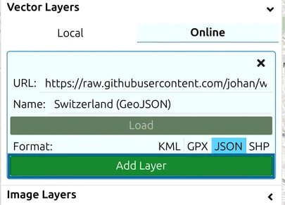 Vector Layers, Online tab: URL and Name filled in, file loaded, the green Add Layer button ringed