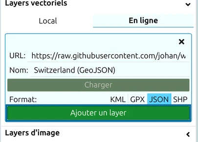 Layers vectoriels, onglet En ligne : URL et nom renseignés, fichier chargé, le bouton vert ' Ajouter un layer ' entouré