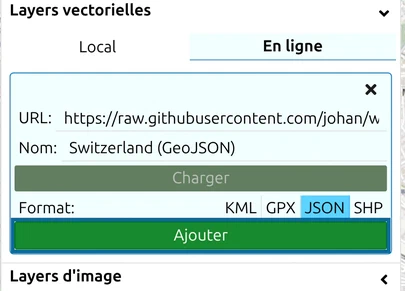 Layers vectoriels, onglet En ligne : URL et nom renseignés, fichier chargé, le bouton vert ' Ajouter un layer ' entouré