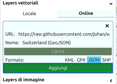 Layers vettoriali, scheda Online: URL e nome compilati, file caricato, il pulsante verde 'Aggiungi' cerchiato