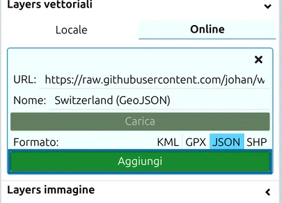 Layer vettoriali, scheda Online: URL e nome compilati, file caricato, il pulsante verde 'Aggiungi' cerchiato