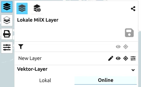 Reiter 'Lokal'/'Online' im Vektor-Layer-Panel von map.army — Layer einbetten oder auf seine Quelle verweisen