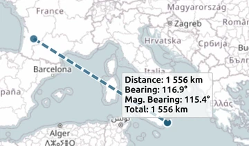 map.army measurement popup on the map showing 'Bearing' and 'Mag. Bearing' together