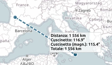 Finestra di misura map.army sulla mappa con 'Rilevamento' e 'Rilevamento (magn.)' insieme