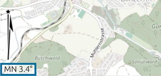 Magnetic-north needle with the 'MN 3.4°' readout in the bottom-left corner of the map.army map, here near Bern