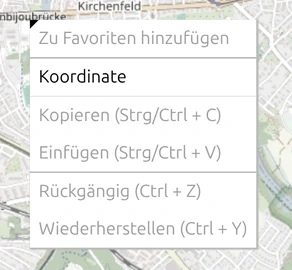 Das map.army Rechtsklick-Menü auf leerer Karte: Favoriten, Koordinate, Kopieren, Einfügen, Rückgängig, Wiederherstellen