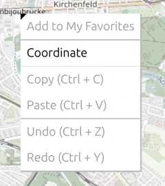 The map.army right-click menu on an empty map: Add to My Favorites, Coordinate, Copy, Paste, Undo and Redo