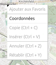 Le menu contextuel de map.army sur une carte vide : Ajouter aux Favoris, Coordonnées, Copie, Insérer, Annuler et Rétablir