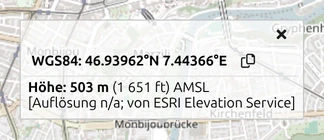 Eine Koordinatenbeschriftung in map.army: WGS84-Position mit Kopieren-Schaltfläche und die Höhe über Meer