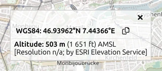A coordinate label in map.army: WGS84 position with a copy button, and the altitude above mean sea level
