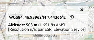 Étiquette de coordonnées dans map.army : position WGS84 avec bouton de copie, et altitude au-dessus du niveau de la mer