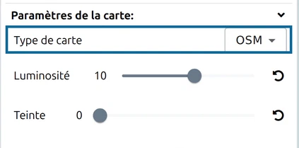 Options, groupe 'Paramètres de la carte' : la première ligne est 'Type de carte', réglée sur OSM