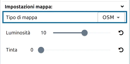 Opzioni, gruppo 'Impostazioni mappa': la prima riga è 'Tipo di mappa', impostata su OSM