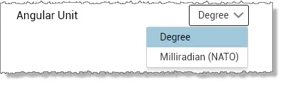 'Angular Unit' pulldown in the 'Options' menu, with degree and mil settings