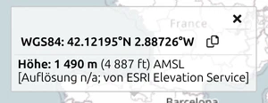 map.army-Karten-Infofenster mit WGS84-Koordinaten und 'Höhe' AMSL vom ESRI Elevation Service
