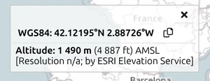 map.army map info popup showing WGS84 coordinates and 'Altitude' AMSL from the ESRI Elevation Service