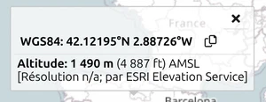 Fenêtre d'information map.army avec coordonnées WGS84 et 'Altitude' AMSL du service ESRI Elevation Service