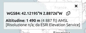 Popup informativo map.army con coordinate WGS84 e 'Altitudine' AMSL dal servizio ESRI Elevation Service