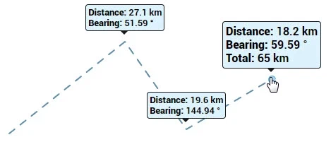 Route measurement showing the section distances, the overall distance and the bearing