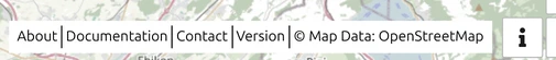 The link row of the map.army Message & Info Center: About, Documentation, Contact, Version and the map data credit