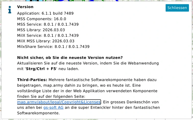 Die Meldung Version in map.army: Anwendungsversion und Build, Versionen der MSS- und MilX-Dienste, Hinweis auf Strg/Ctrl + F5