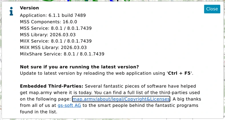 The map.army Version message: application version and build, MSS and MilX service versions, and the Ctrl + F5 hint