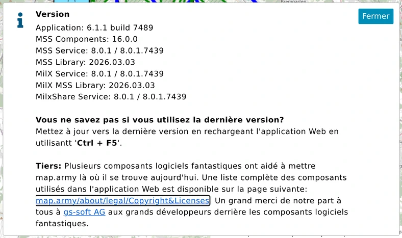 Message Version de map.army : build de l'application, versions des services MSS et MilX, indication Ctrl + F5