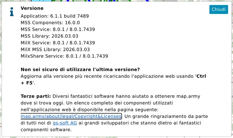 Messaggio Versione di map.army: versione e build dell'app, versioni dei servizi MSS e MilX, suggerimento Ctrl + F5