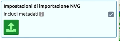 'Impostazioni di importazione NVG' in map.army con la casella 'Includi metadati' e il pulsante verde di caricamento